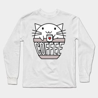 Cat in coffee cup with warped text holding coffee cup with heart Long Sleeve T-Shirt
